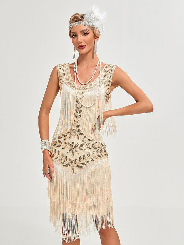 1920 Retro Gatsby Ball Dress Dance Dress Round Neck Beaded Tassel Dress