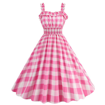 1950s Dresses for Women Vintage Rockabilly Retro Straps Pink Plaid A-line Swing Midi Dress
