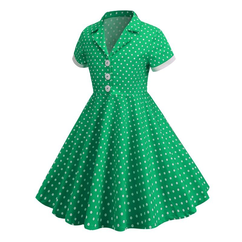 Girls' Vintage Short Sleeved Polka Dots Dress Vintage Dinner Dress