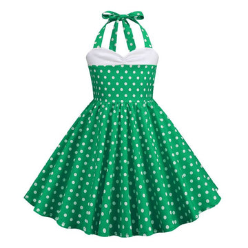 Girls Vintage Floral Print 50's Polka Dot Dress Audrey Halter Dress