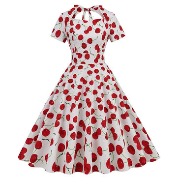 Vintage Women 50s Dress Cherry Print Cutout A-line Tea Dress