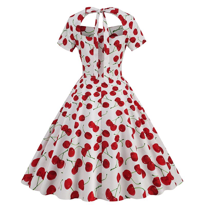 Vintage Women 50s Dress Cherry Print Cutout A-line Tea Dress
