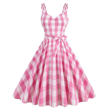 Women 1950s Plaid Halter Vintage Pink Rockabilly Pin Up Dress