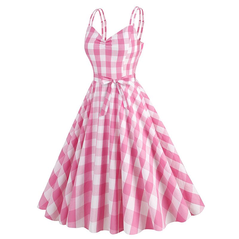 Women 1950s Plaid Halter Vintage Pink Rockabilly Pin Up Dress