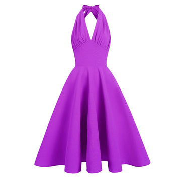 Women 50s Vintage Halter Dress Sexy V Neck 1950s Prom Tea Party Dresses