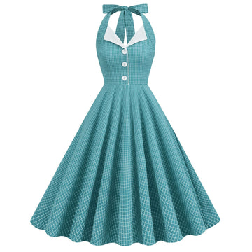 Women 50s Vintage Polka Dot Halter Cocktail Swing Dress Buttons Dress