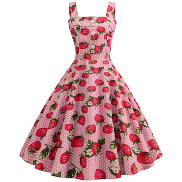 Women Cherries Strawberry Print Vintage Prom Dress Sleeveless 1950s Party Dress