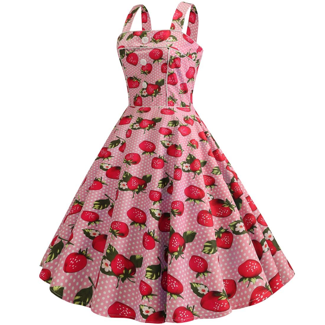 Women Cherries Strawberry Print Vintage Prom Dress Sleeveless 1950s Party Dress