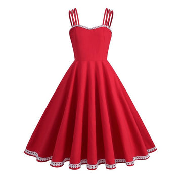 Women Spaghetti Strap Solid Long Vintage 50s Pinup Swing Dress