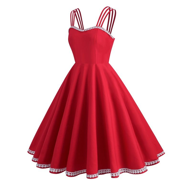 Women Spaghetti Strap Solid Long Vintage 50s Pinup Swing Dress