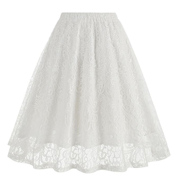 Women Summer Vintage Embroidery Lace Long Skirt Office Lady Half Skirt