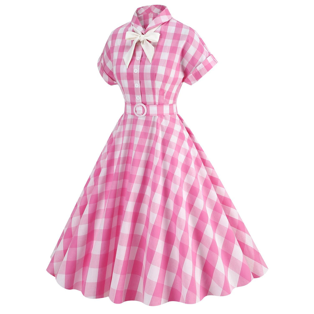 Women Vintage Pink Plaid Dress Buttons Down 50s Flared A-Line Swing Dress