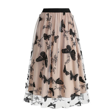 Women Tulle Skirts High Waist Layered Butterfly Print Midi Skirt