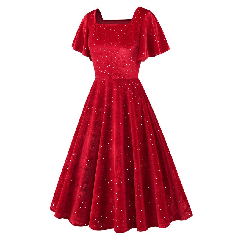 Women Vintage Flutter Sleeve Glitter Velvet 50s Party Cocktail Dresses