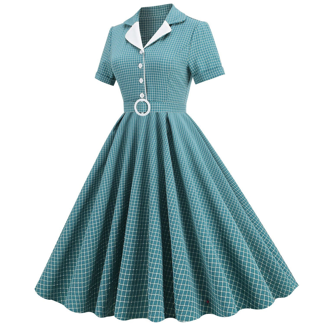 Women Vintage  Plaid Short Sleeve Dress with Belt Rockabilly Party 50S Swing Dress