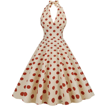 Women Polka Dot 1950s Rockabilly Halter Audrey Dress Retro Swing Dress