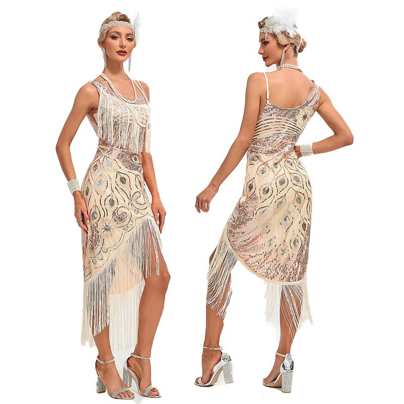 Women's 1920s Vintage Gatsby Fringed Flapper Dress Peacock Sequined Slit Roaring 20s Dresses