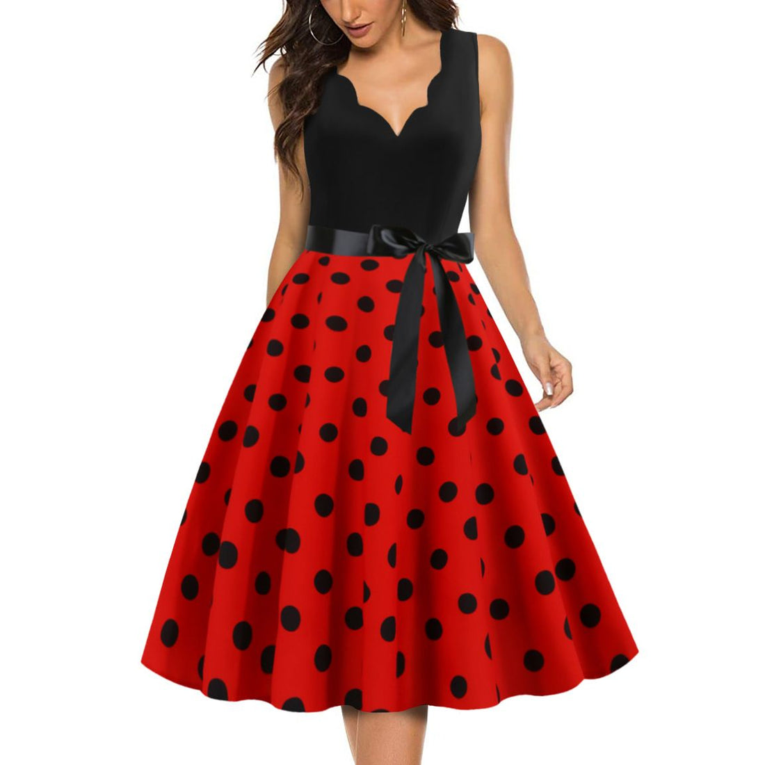 Women's 1950s Polka Dot Summer Dress Sleeveless V-Neck Elegant Vintage Party Dress
