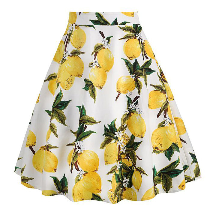 Women's 1950s Retro Lemon Vintage A-line Printed Pleated Flared Midi Skirt