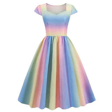 Women's 1950s Vintage Rainbow Cap Sleeve Sweetheart Neck Cocktail Party Swing Dresses