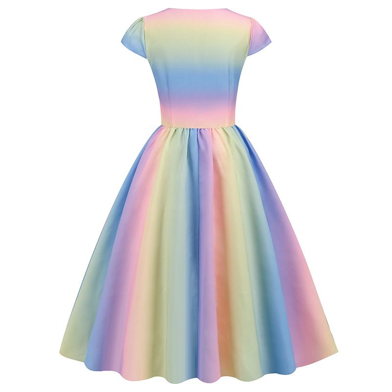Women's 1950s Vintage Rainbow Cap Sleeve Sweetheart Neck Cocktail Party Swing Dresses
