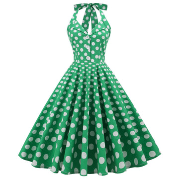 Women's 50s Halter Vintage A Line Polka Dot Cocktail Dress Prom Swing Dress