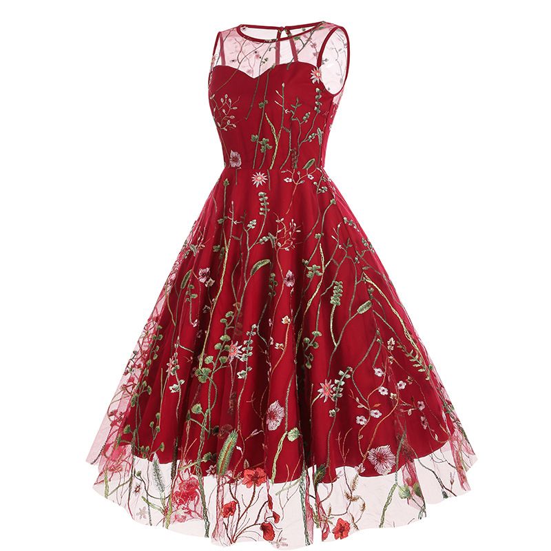 Women's Casual Sleeveless Embroidery Mesh Floral Print Maxi Long Dress