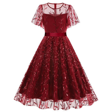 Women's Embroidery Double Layer Mesh Splice Vintage Party Swing Dress