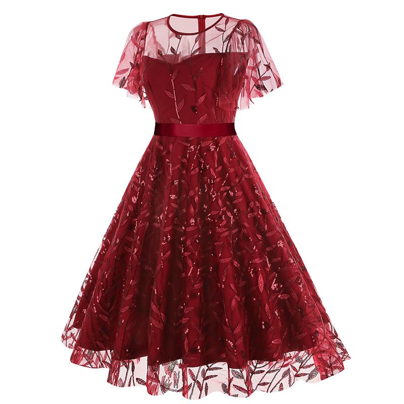 Women's Embroidery Double Layer Mesh Splice Vintage Party Swing Dress