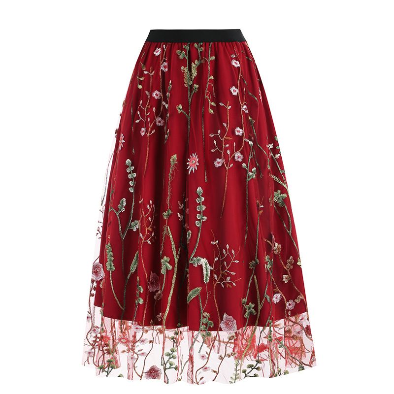 Women's Retro 50s Vintage Floral Tulle Embroidery A-Line Pleated Skirts