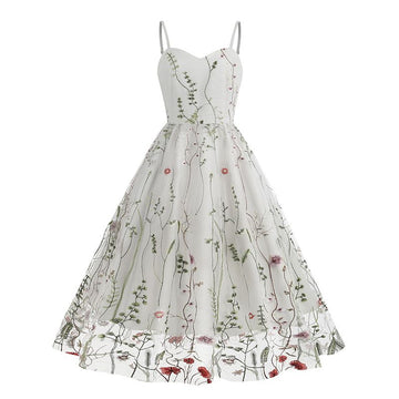 Women's Vintage Mesh Floral Embroidery Wedding Evening Cocktail Party Swing Dress