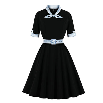 Women's Vintage Short Sleeve A Line Midi Summer Dress with Belt