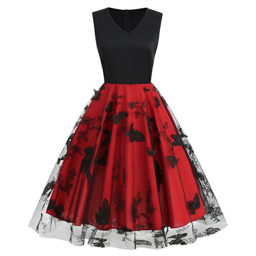 Womens 1950s Butterfly Patchwork Vintage Retro Swing Party Dress