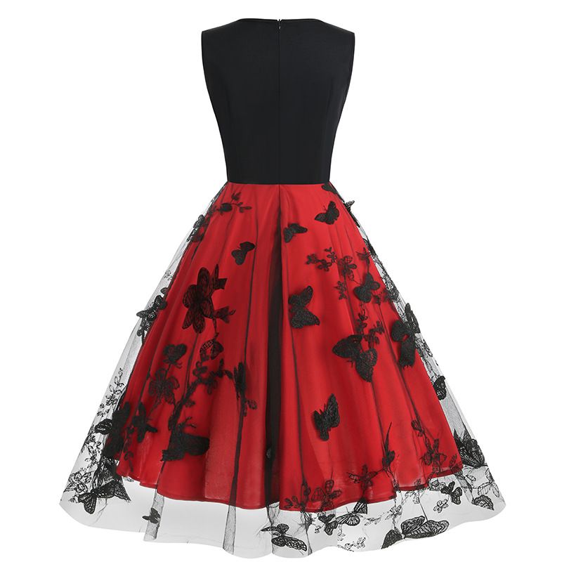 Womens 1950s Butterfly Patchwork Vintage Retro Swing Party Dress