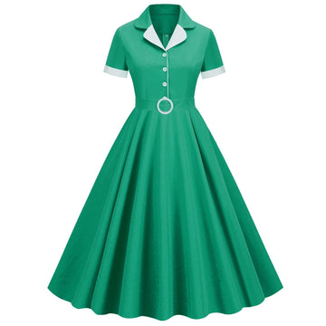 Womens Button Up 1950s Vintage Dresses Women Short Sleeve Belted Swing Dress