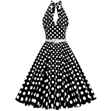 Womens Halter Retro 50s Vintage Polka Dots Tea Dress with Belt