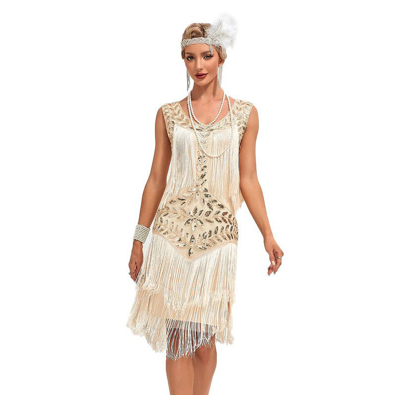 1920 Retro Gatsby Ball Dress Dance Dress Round Neck Beaded Tassel Dress