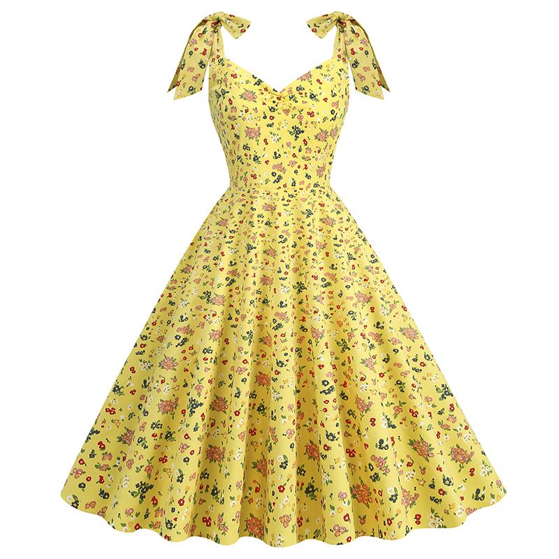 50's Girls Flower Girl Dress Shoulder Tie Sleeveless Floral Dress