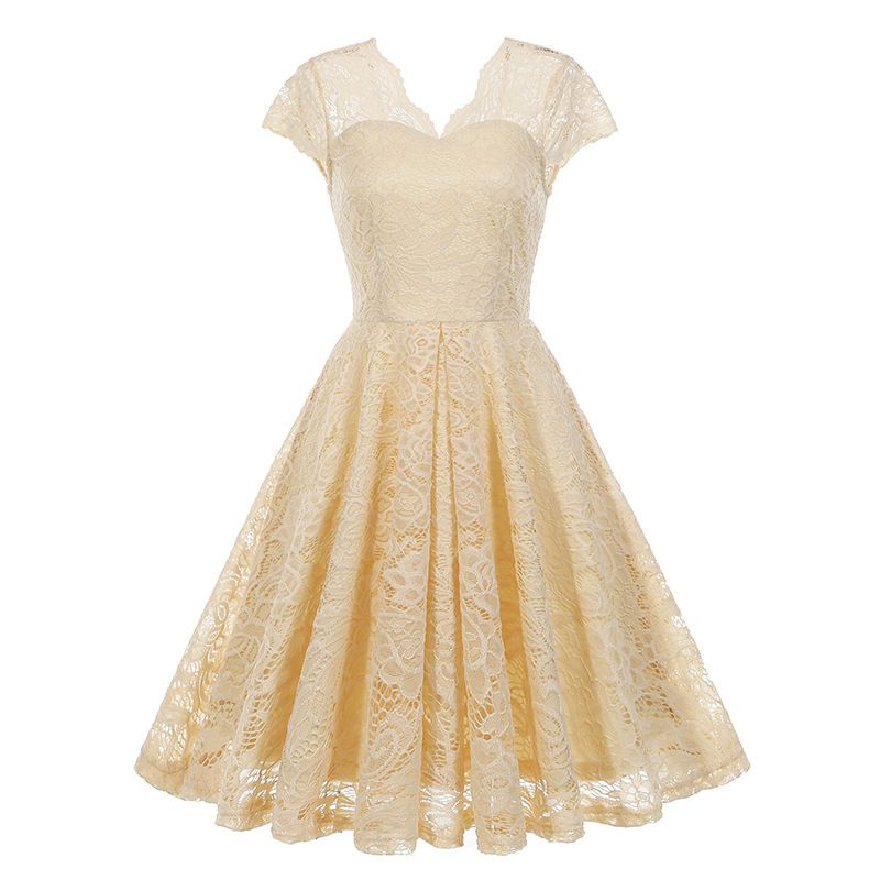 50s 60s Women's Vintage Party Dress V Neck Lace Pin Up Rockabilly Dress