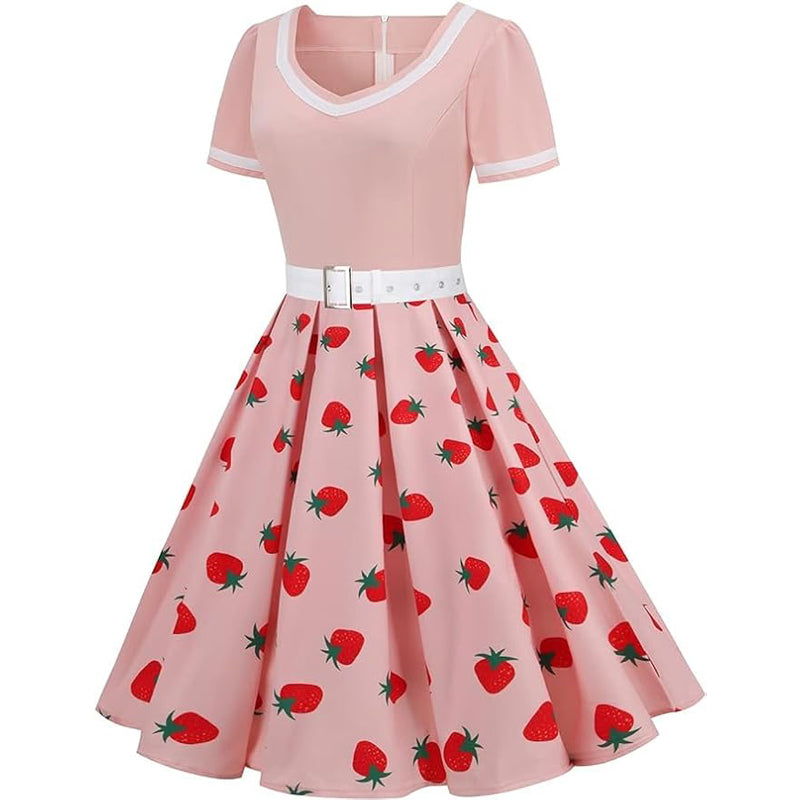 Women Vintage Rockabilly Dress 1950s Strawberry Cherry Party Dress