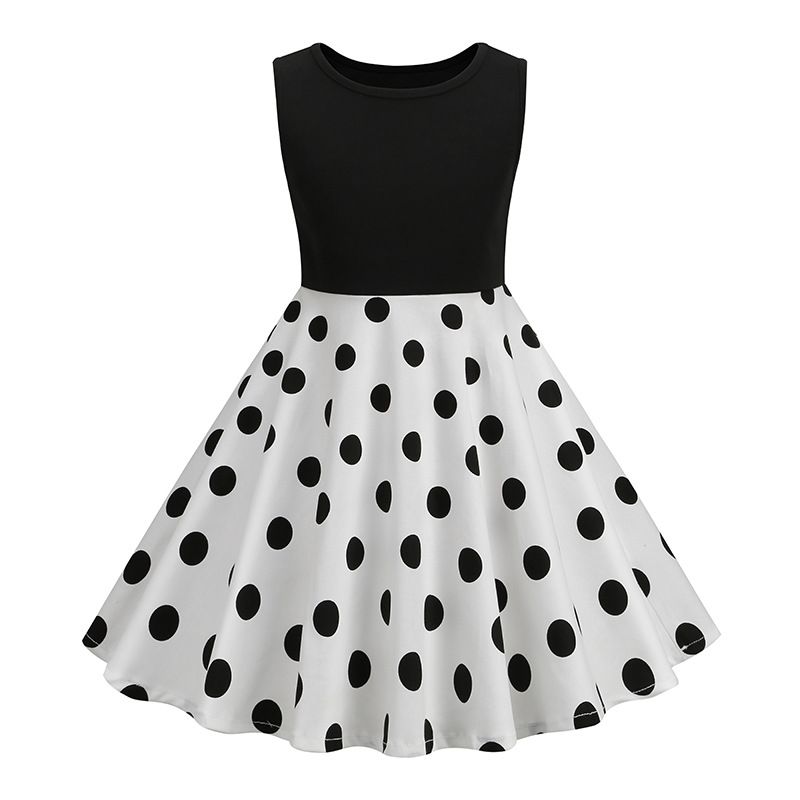 Girls Patchwork Polka Dot Summer Dress Vintage 50s 60s Pin Up Dress