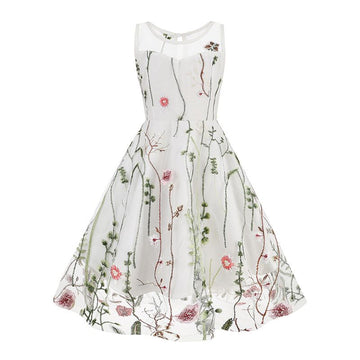 Girls Vintage 1950s Sleeveless Floral Tulle Tea Party Swing Dresses