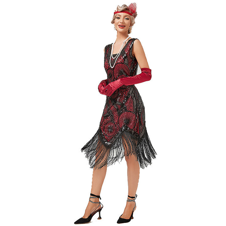 Plus Size 1920s Art Deco Fringed Sequin Dress Flapper Gatsby Costume Dress for Women