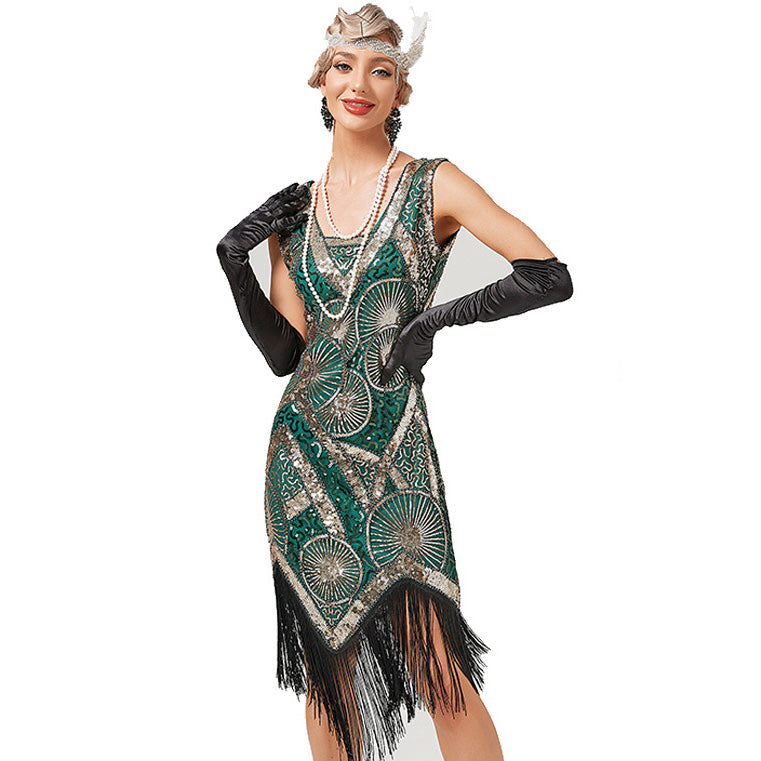 Plus Size 1920s Art Deco Fringed Sequin Dress Flapper Gatsby Costume Dress for Women