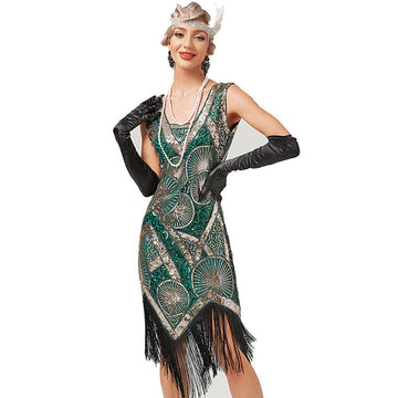 Plus Size 1920s Art Deco Fringed Sequin Dress Flapper Gatsby Costume Dress for Women