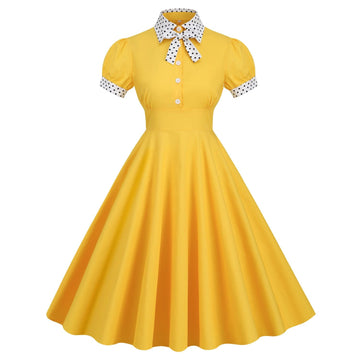 Women 1950s Vintage Short Sleeve Polka Dot Dress Evening Prom Gown