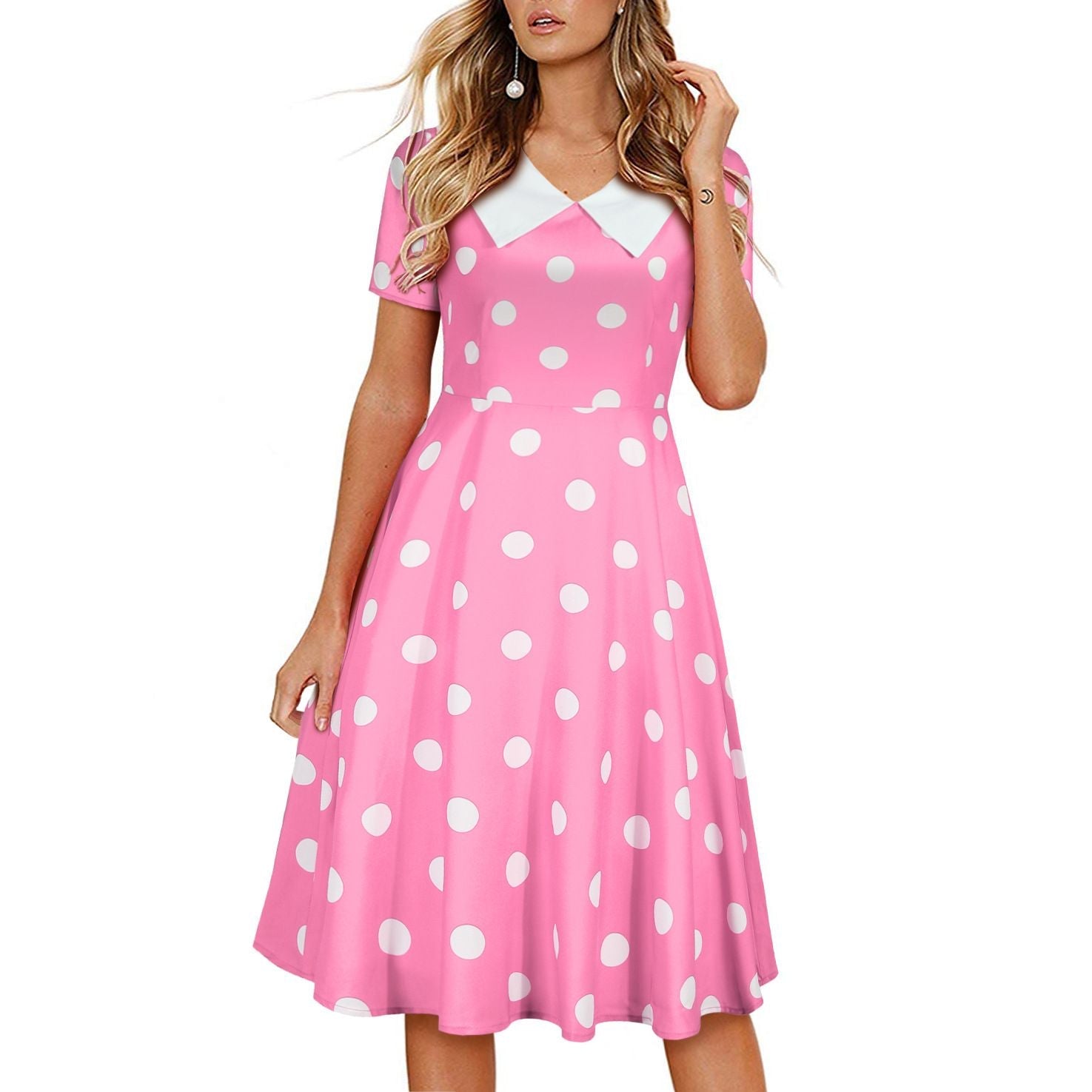 Women 1950s Polka Dot Cocktail Swing Dress Audrey Hepburn Rockabilly Dress