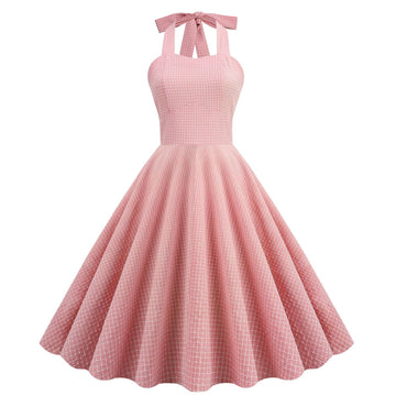 Women 50s Vintage Halter Cocktail Dress Rockabilly Audrey Hepburn Pink Dress