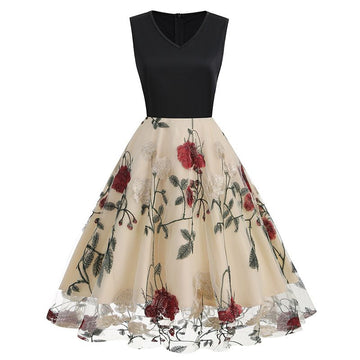 Women Floral Embroidery Vintage  Dresses Elegant V-Neck Midi Dress