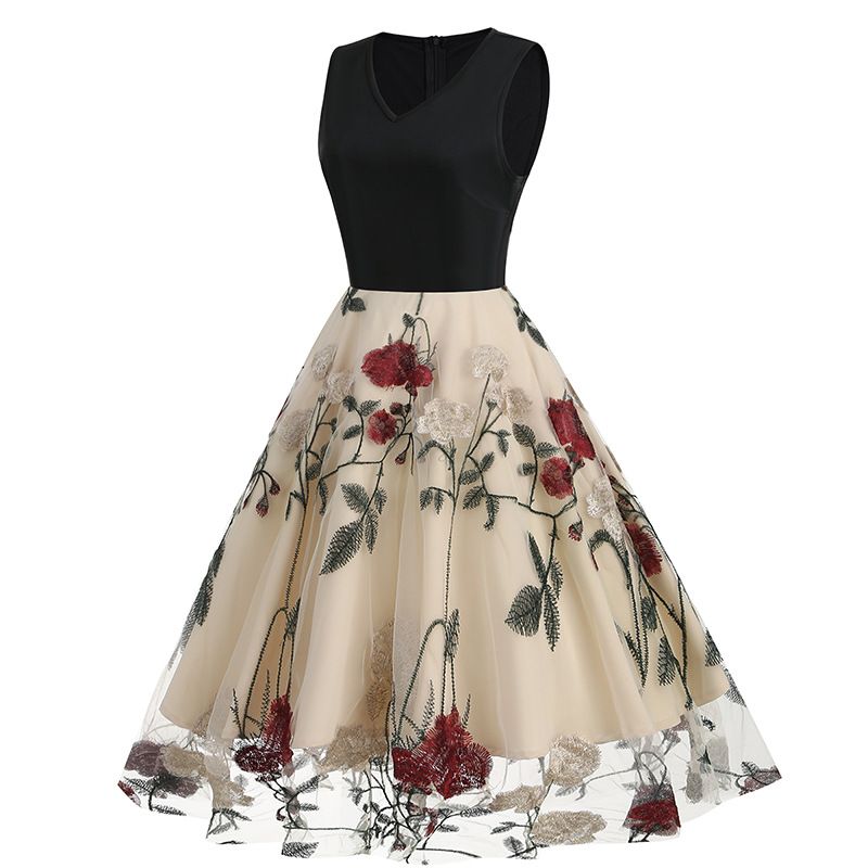 Women Floral Embroidery Vintage  Dresses Elegant V-Neck Midi Dress